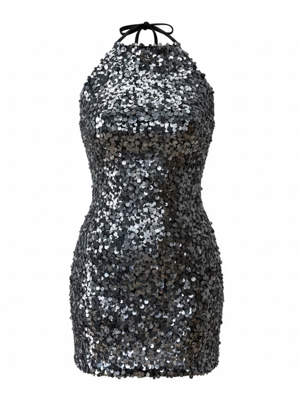 Sparkling Black Sequin Halter Backless Mini Dress